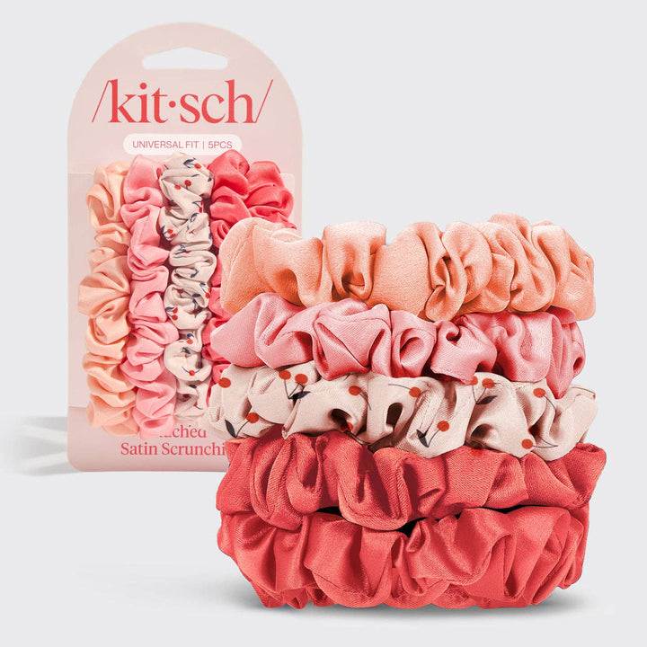 KITSCH – Ruched Satin Scrunchies (5 stuks) – Cherry Blossom